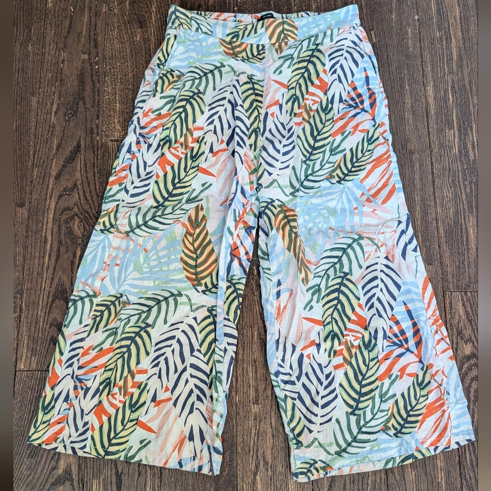 Tahari Tropical Print Wide Leg Pants 100% Linen